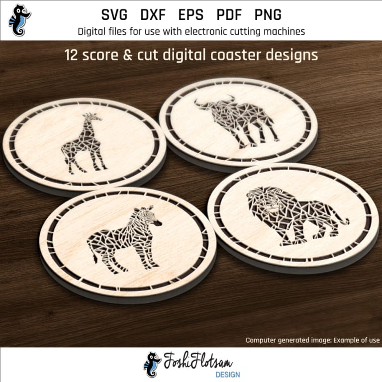 First 4 of 12 African animal coasters included in this coaster SVG bundle.